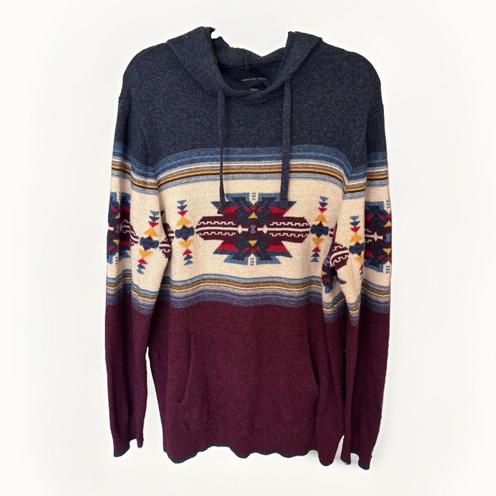 American Eagle Men's Aztec Southwestern Hooded Pullover Sweater ranch rodeo XL